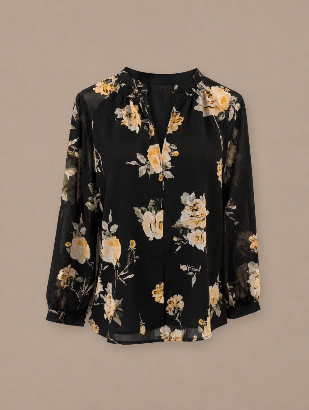 Dynamite Women’s Black Floral Split-Neck Blouse